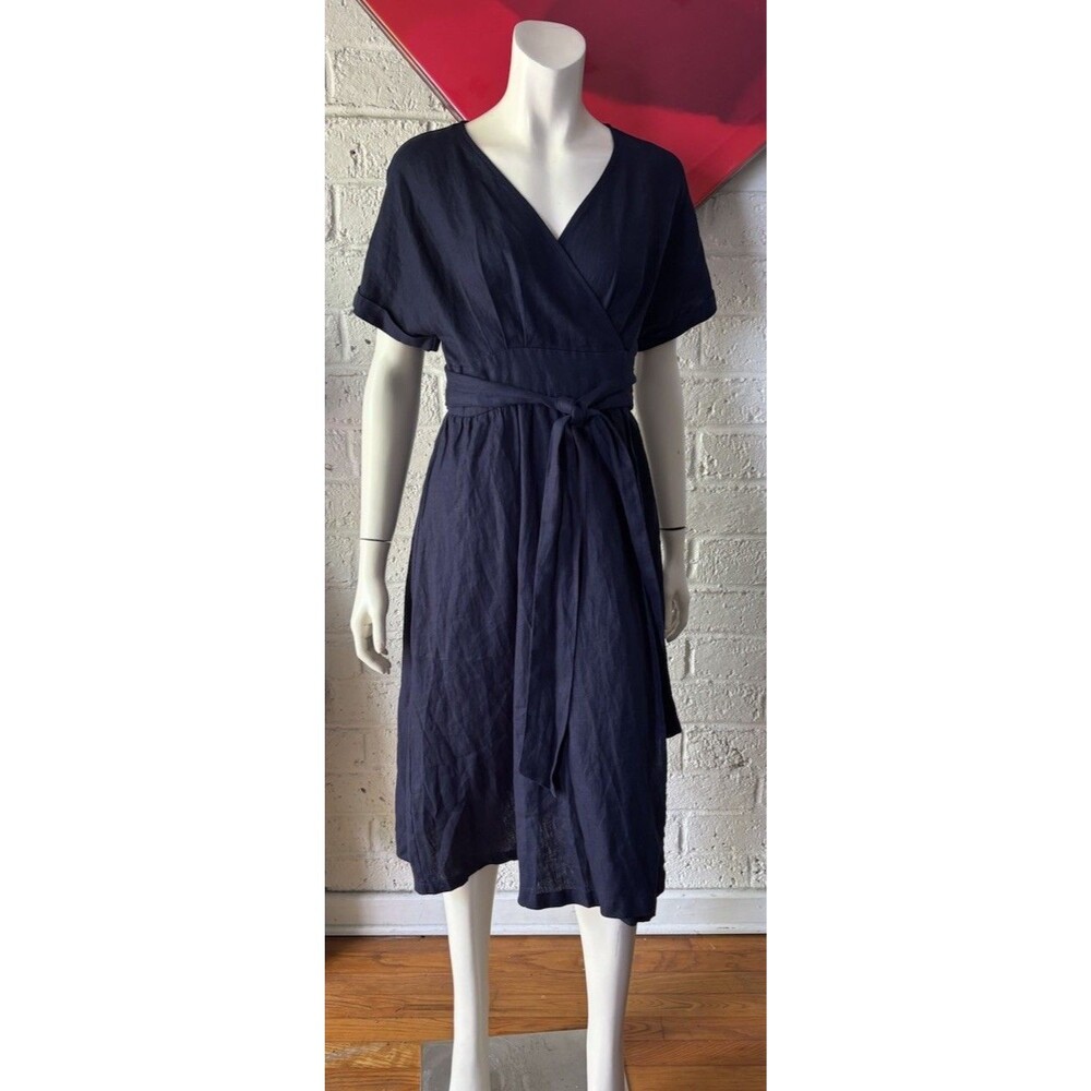 NWT Grae Cove Wrap 100% Linen Dress Large Blue Navy Midi Short Sleeve Tie Waist